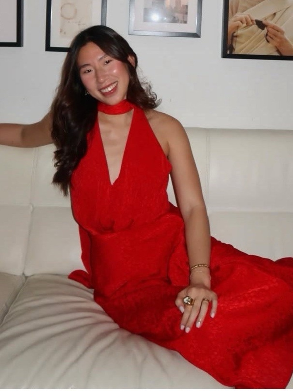 Zara floral jacquard v-neck halter red long dress with tie sz.S - Picture 5 of 16
